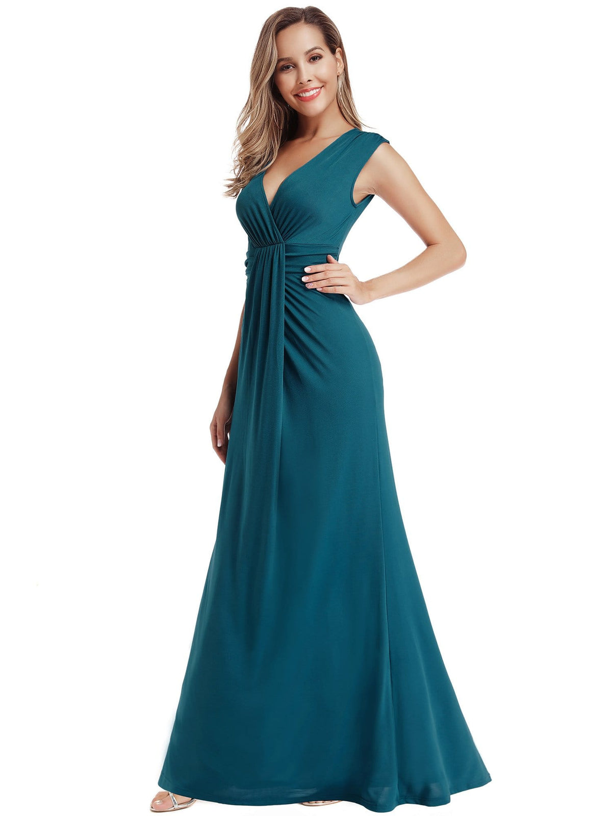 Color=Teal | Women'S V-Neck Wrap Sleeveless Floor Length Maxi Dress-Teal 1