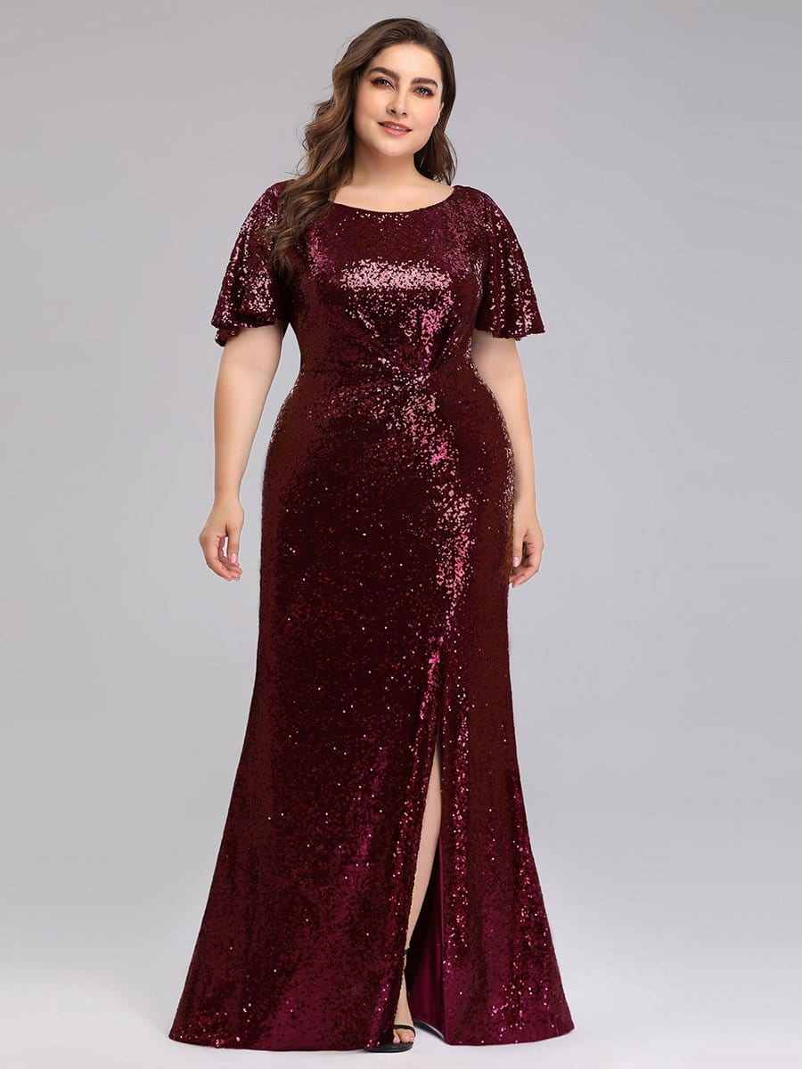 Color=Burgundy | Women'S Plus Size Sequin Dress Mermaid Maxi Dress-Burgundy 4