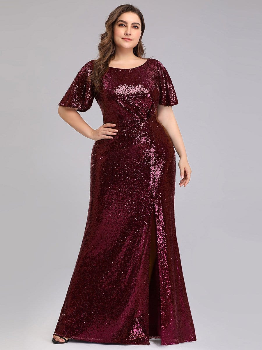 Color=Burgundy | Women'S Plus Size Sequin Dress Mermaid Maxi Dress-Burgundy 1