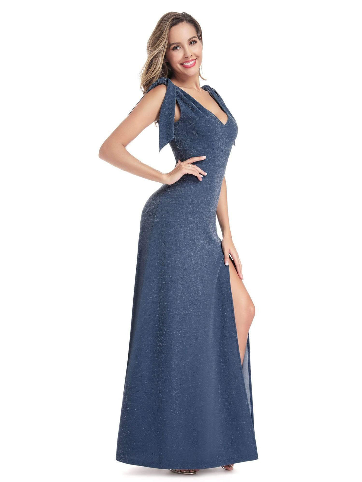 Color=Dusty Navy | Women'S V-Neck Sleeveless Side Split Maxi Dress-Dusty Navy 1