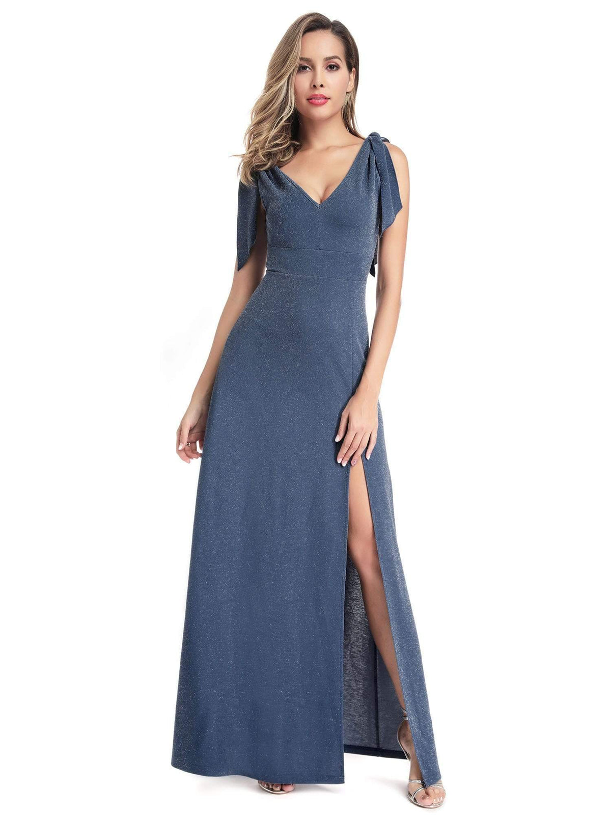 Color=Dusty Navy | Women'S V-Neck Sleeveless Side Split Maxi Dress-Dusty Navy 2