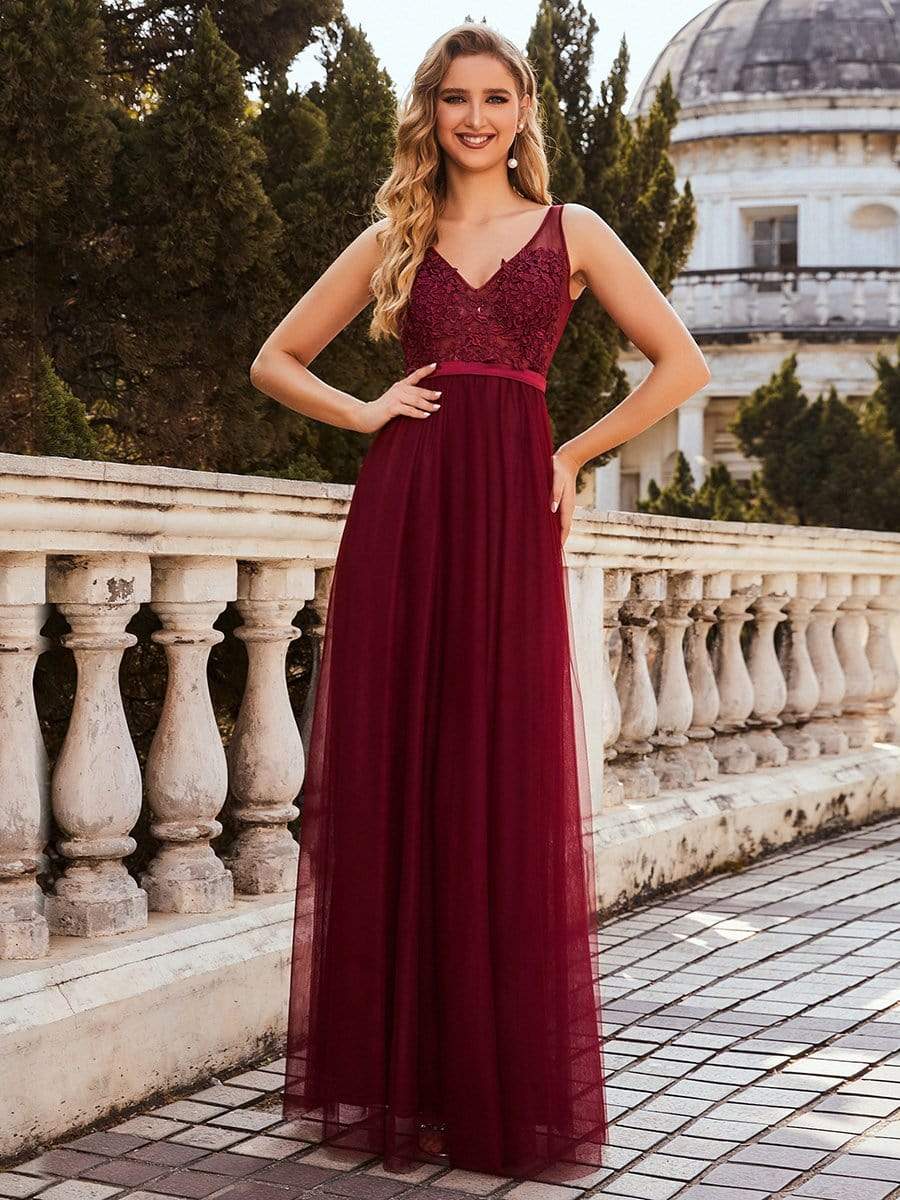 Color=Burgundy | Women'S A-Line V-Neck Floral Lace Appliques Bridesmaid Dress-Burgundy 1