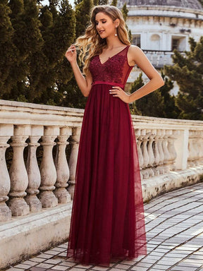 Color=Burgundy | Women'S A-Line V-Neck Floral Lace Appliques Bridesmaid Dress-Burgundy 3