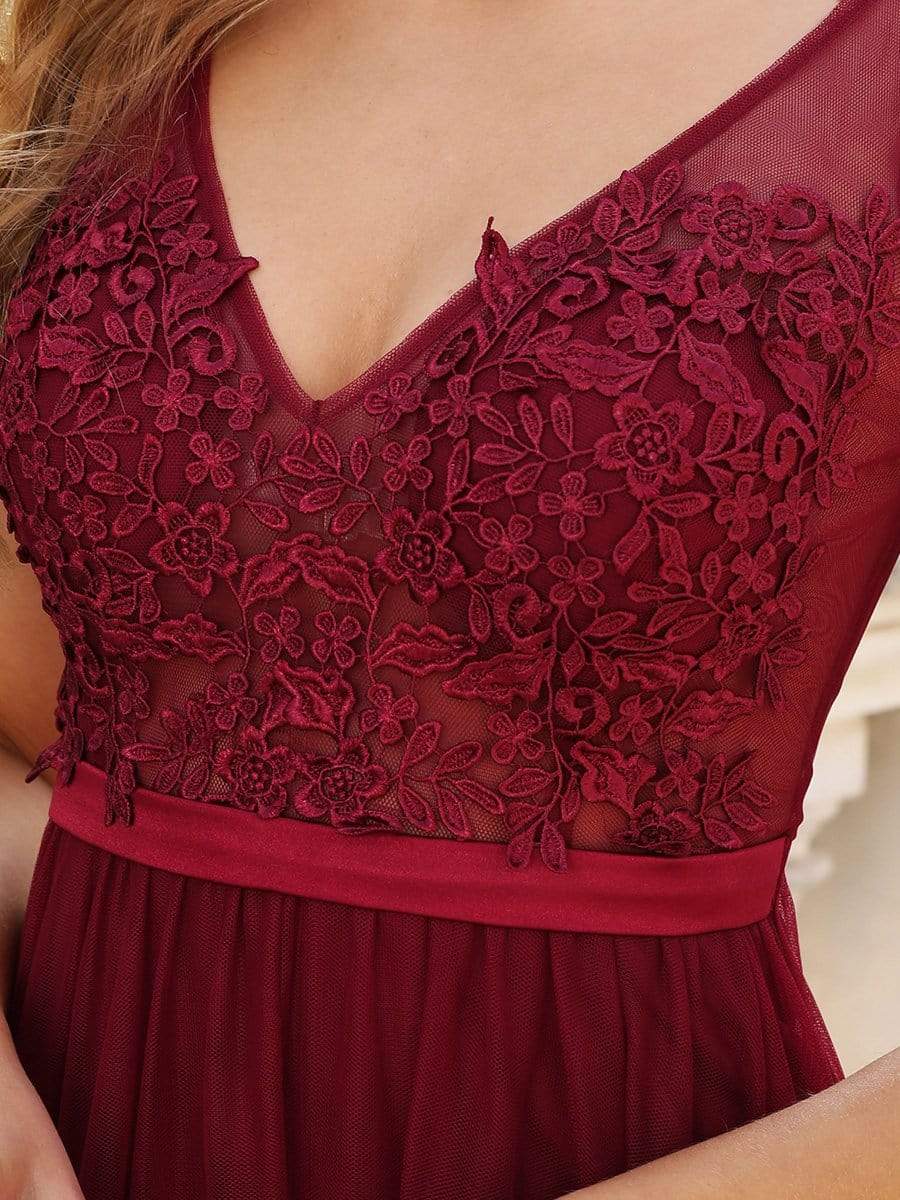 Color=Burgundy | Women'S A-Line V-Neck Floral Lace Appliques Bridesmaid Dress-Burgundy 5