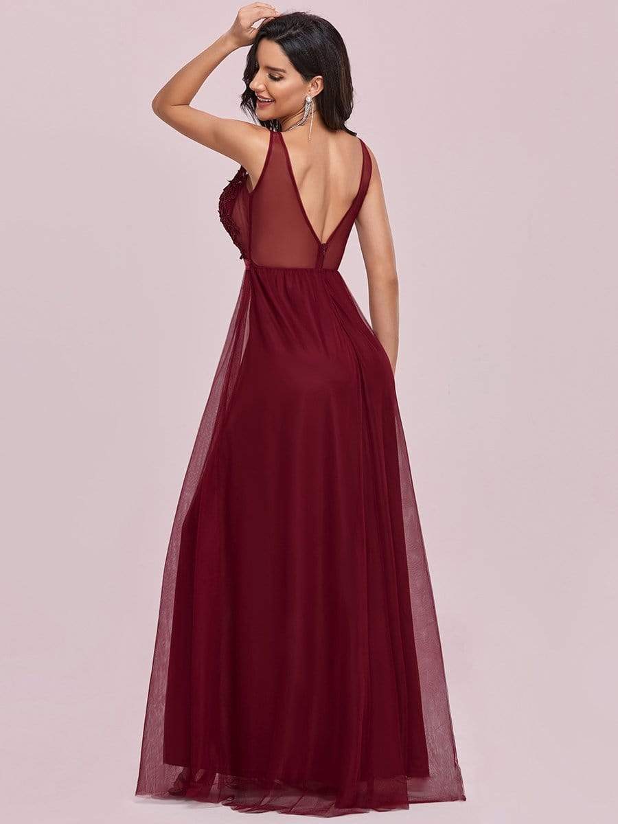 Color=Burgundy | Women'S A-Line V-Neck Floral Lace Appliques Bridesmaid Dress-Burgundy 7