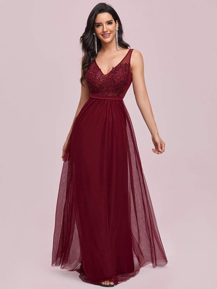 Color=Burgundy | Women'S A-Line V-Neck Floral Lace Appliques Bridesmaid Dress-Burgundy 6