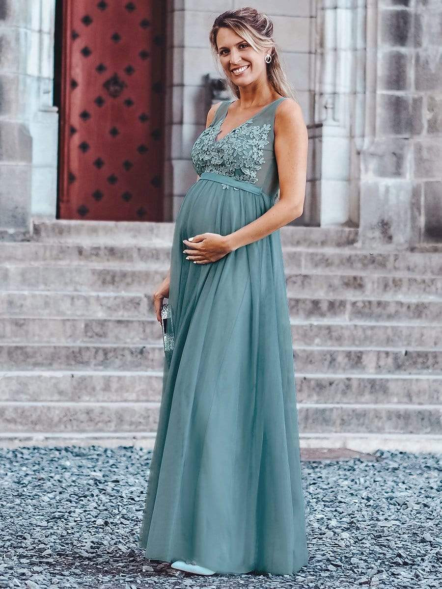 Color=Dusty Blue | Women'S A-Line V-Neck Floral Lace Appliques Bridesmaid Dress-Dusty Blue 9