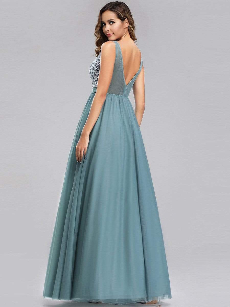 Color=Dusty Blue | Women'S A-Line V-Neck Floral Lace Appliques Bridesmaid Dress-Dusty Blue 15