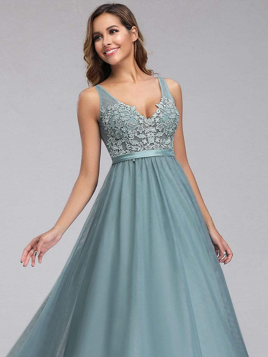 Color=Dusty Blue | Women'S A-Line V-Neck Floral Lace Appliques Bridesmaid Dress-Dusty Blue 18