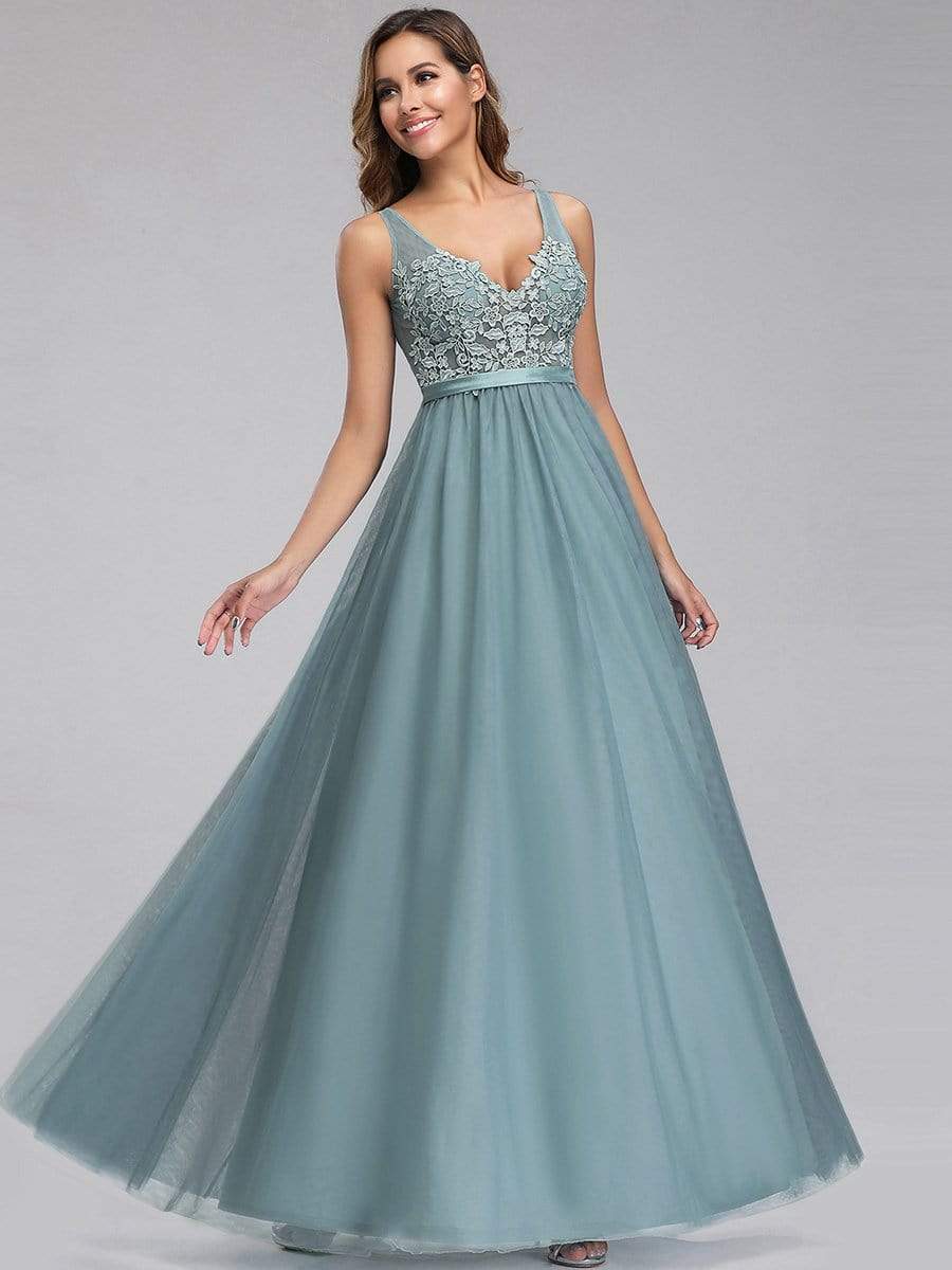 Color=Dusty Blue | Women'S A-Line V-Neck Floral Lace Appliques Bridesmaid Dress-Dusty Blue 14