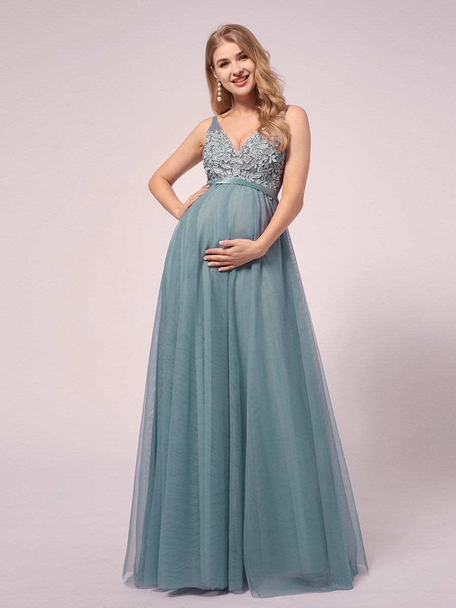 Color=Dusty Blue | Women's A-Line V-Neck Floral Lace Appliques Maternity Dresses-Dusty Blue 5