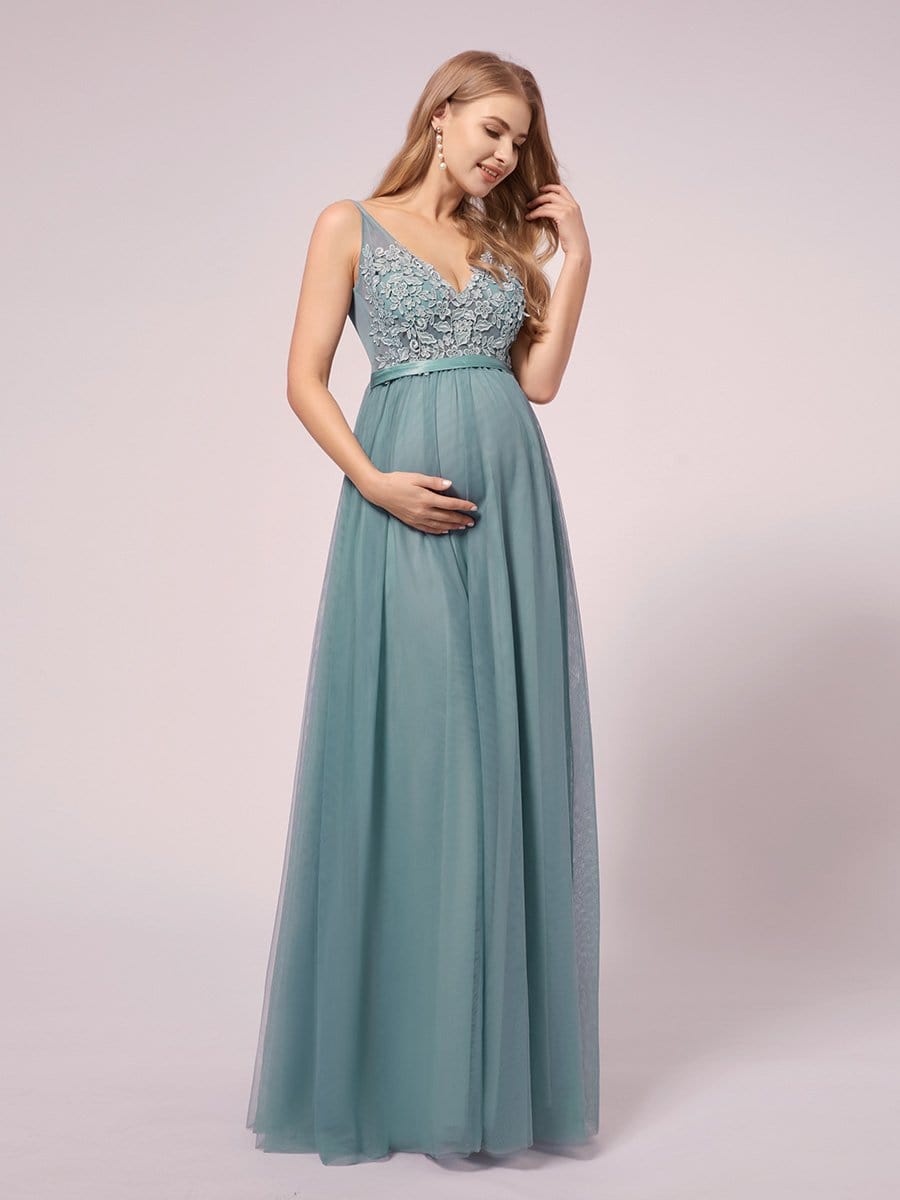 Color=Dusty Blue | Women's A-Line V-Neck Floral Lace Appliques Maternity Dresses-Dusty Blue 1