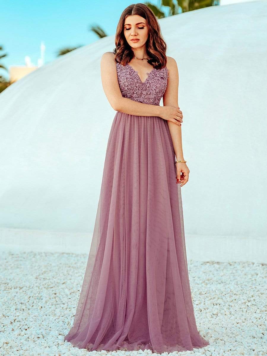 Color=Purple Orchid | Women'S A-Line V-Neck Floral Lace Appliques Bridesmaid Dress-Purple Orchid 5