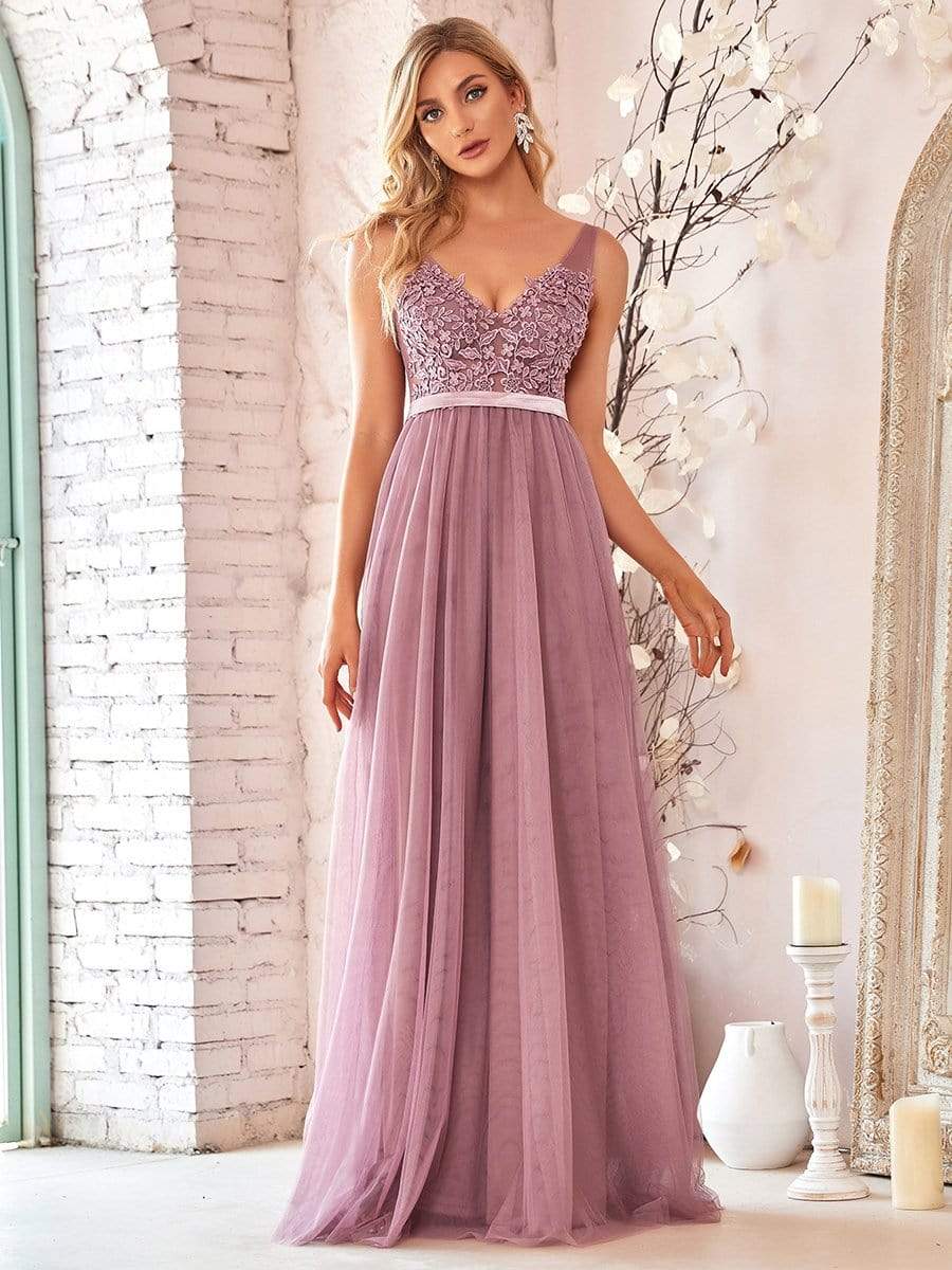 Color=Purple Orchid | Women'S A-Line V-Neck Floral Lace Appliques Bridesmaid Dress-Purple Orchid 1