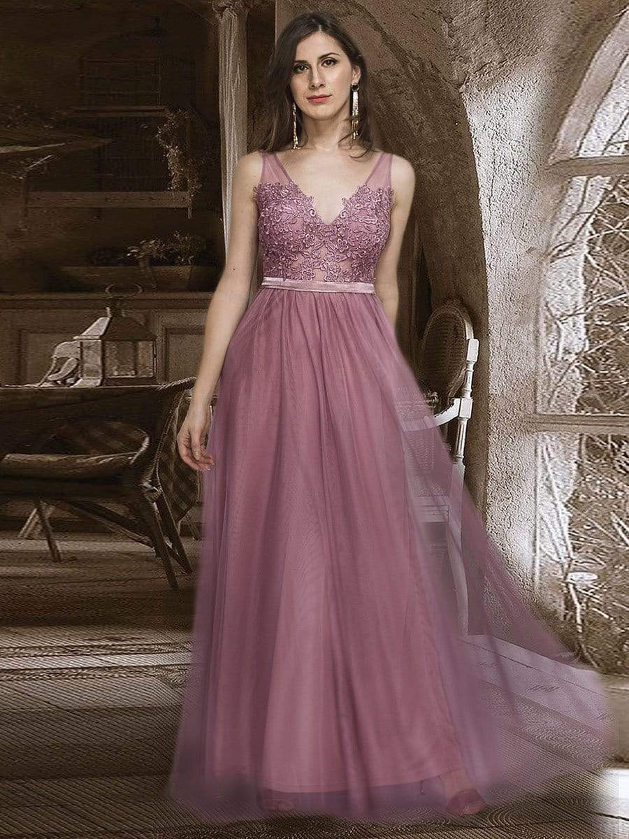 Color=Purple Orchid | Women'S A-Line V-Neck Floral Lace Appliques Bridesmaid Dress-Purple Orchid 6