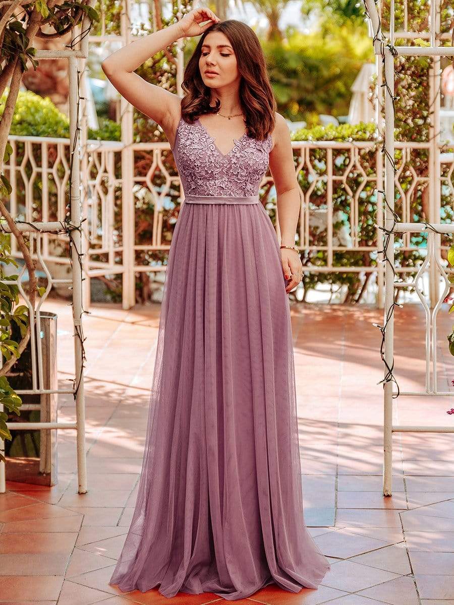 Color=Purple Orchid | Women'S A-Line V-Neck Floral Lace Appliques Bridesmaid Dress-Purple Orchid 3