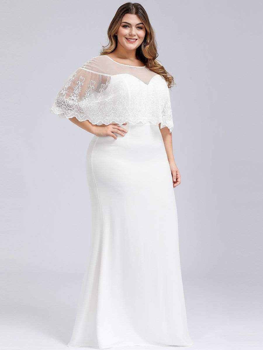 Color=White | Plus Size Women'S Sweetheart Illusion Ruffle Sleeves Floor-Length Bridesmaid Dress-White 4