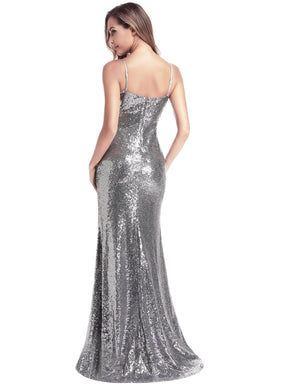 Color=Grey | Grey Sequin Fishtail Evening Dress-Grey 4