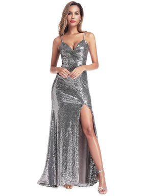 Color=Grey | Grey Sequin Fishtail Evening Dress-Grey 2