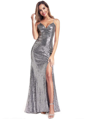 Color=Grey | Grey Sequin Fishtail Evening Dress-Grey 5