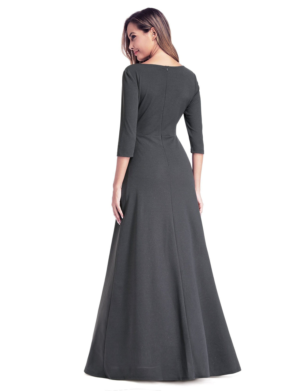 Color=Deep Grey | Women'S V-Neck Wrap 3/4 Sleeve Floor-Length Evening Dress-Deep Grey 2