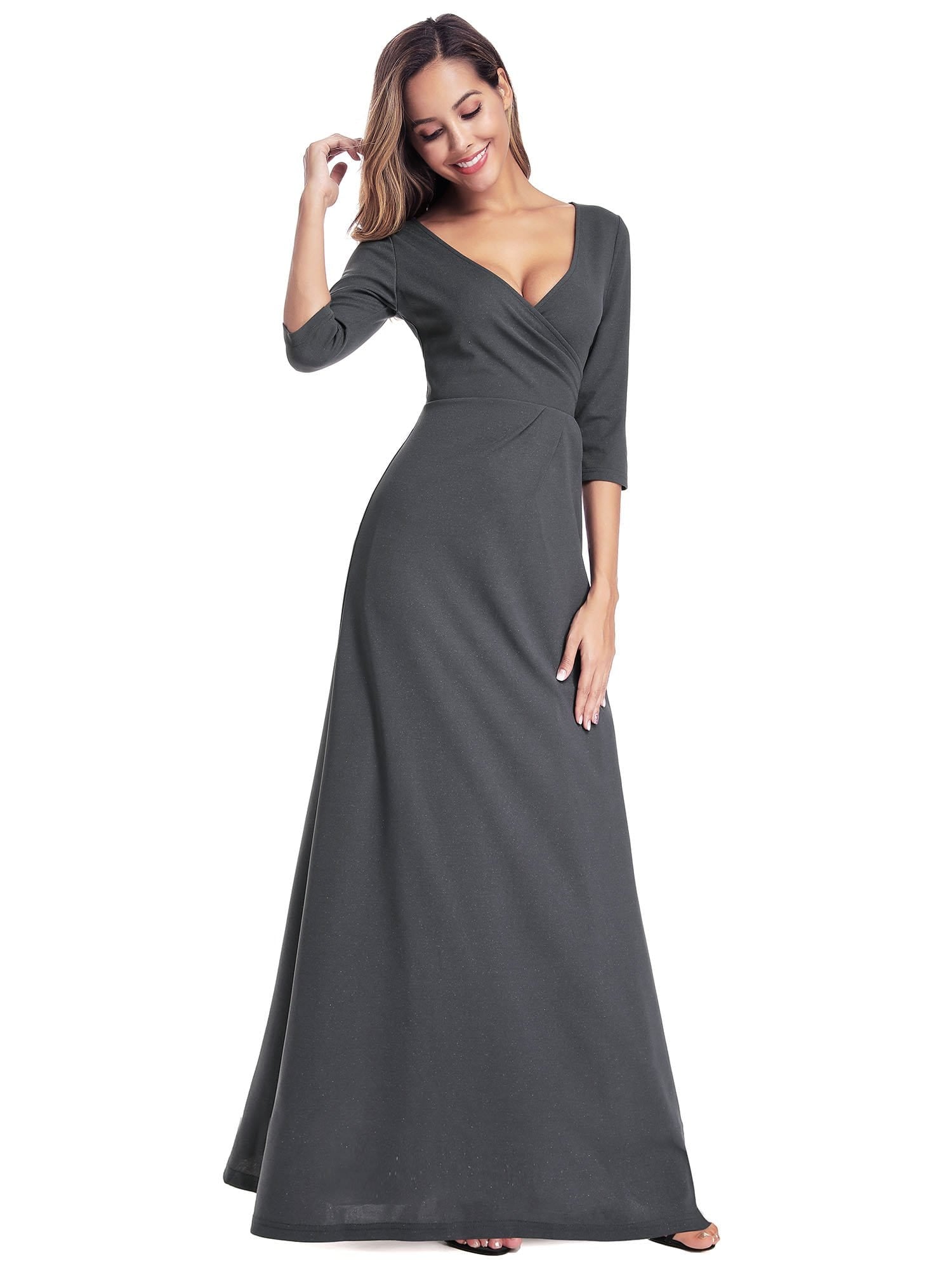 Color=Deep Grey | Women'S V-Neck Wrap 3/4 Sleeve Floor-Length Evening Dress-Deep Grey 3