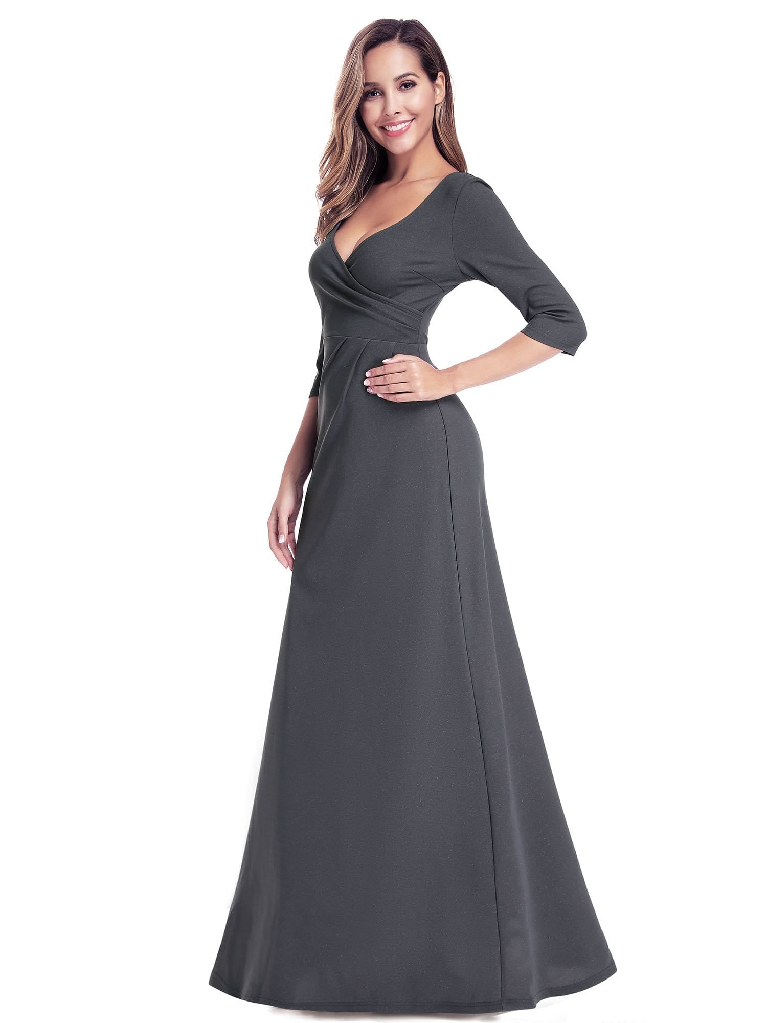 Color=Deep Grey | Women'S V-Neck Wrap 3/4 Sleeve Floor-Length Evening Dress-Deep Grey 4