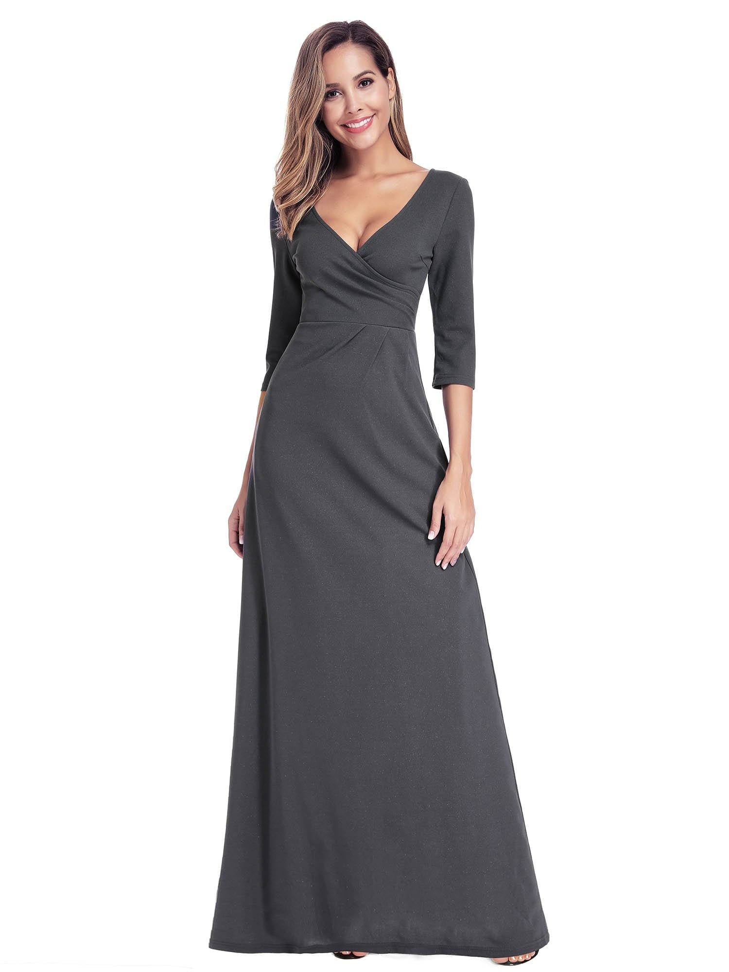 Color=Deep Grey | Women'S V-Neck Wrap 3/4 Sleeve Floor-Length Evening Dress-Deep Grey 1