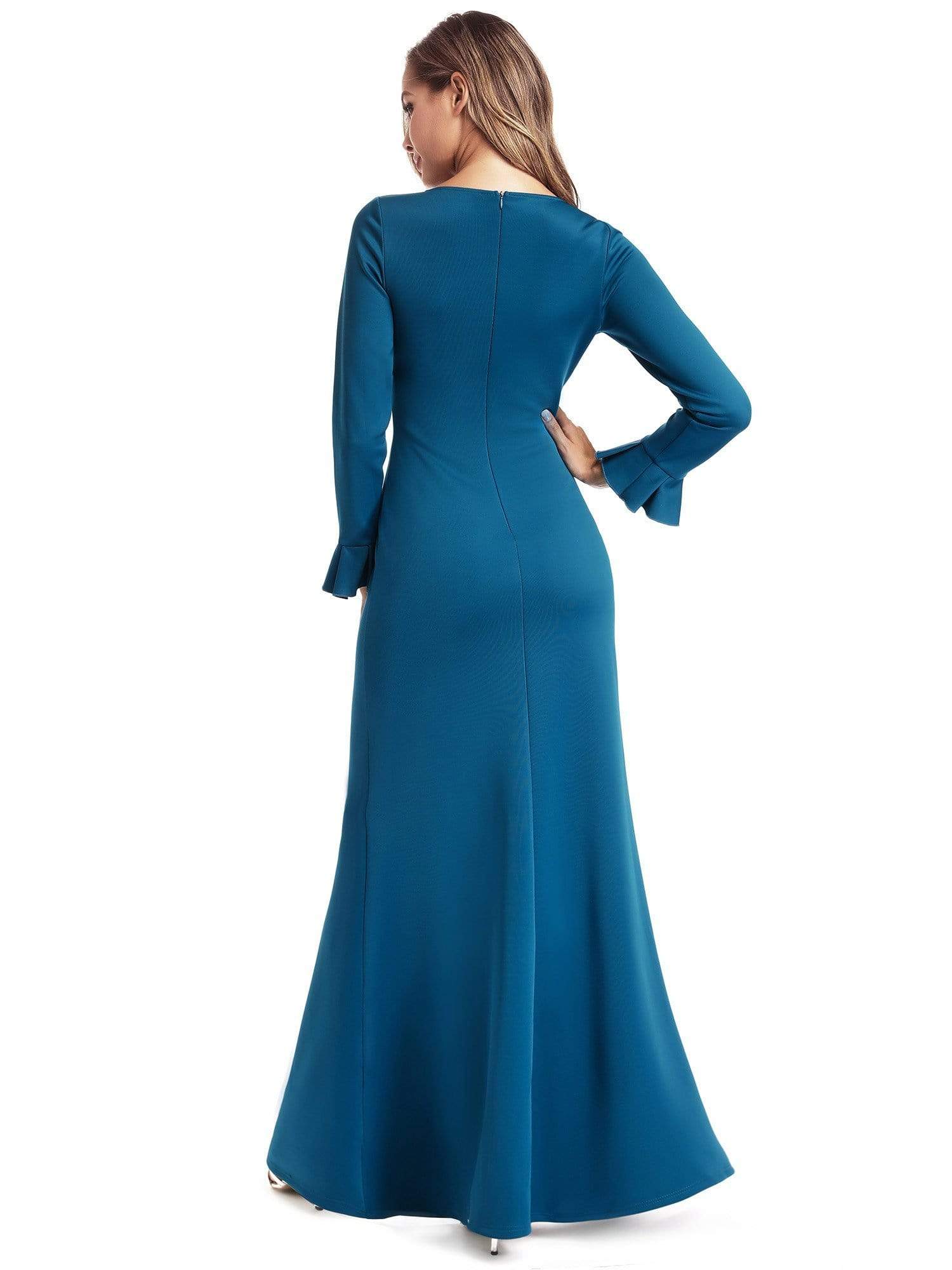 Color=Teal | Elegant V Neck High Slit Evening Dress-Teal 2