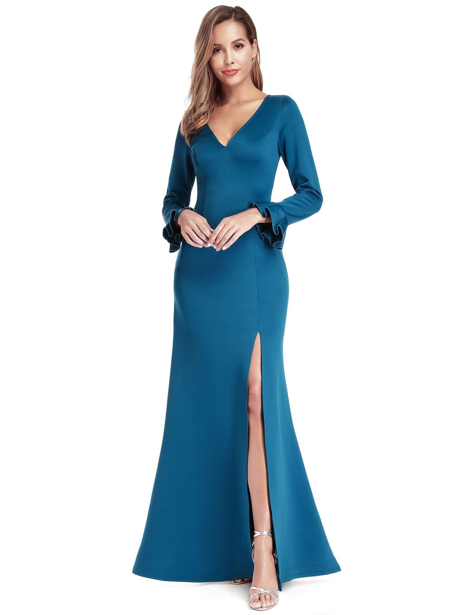 Color=Teal | Elegant V Neck High Slit Evening Dress-Teal 4