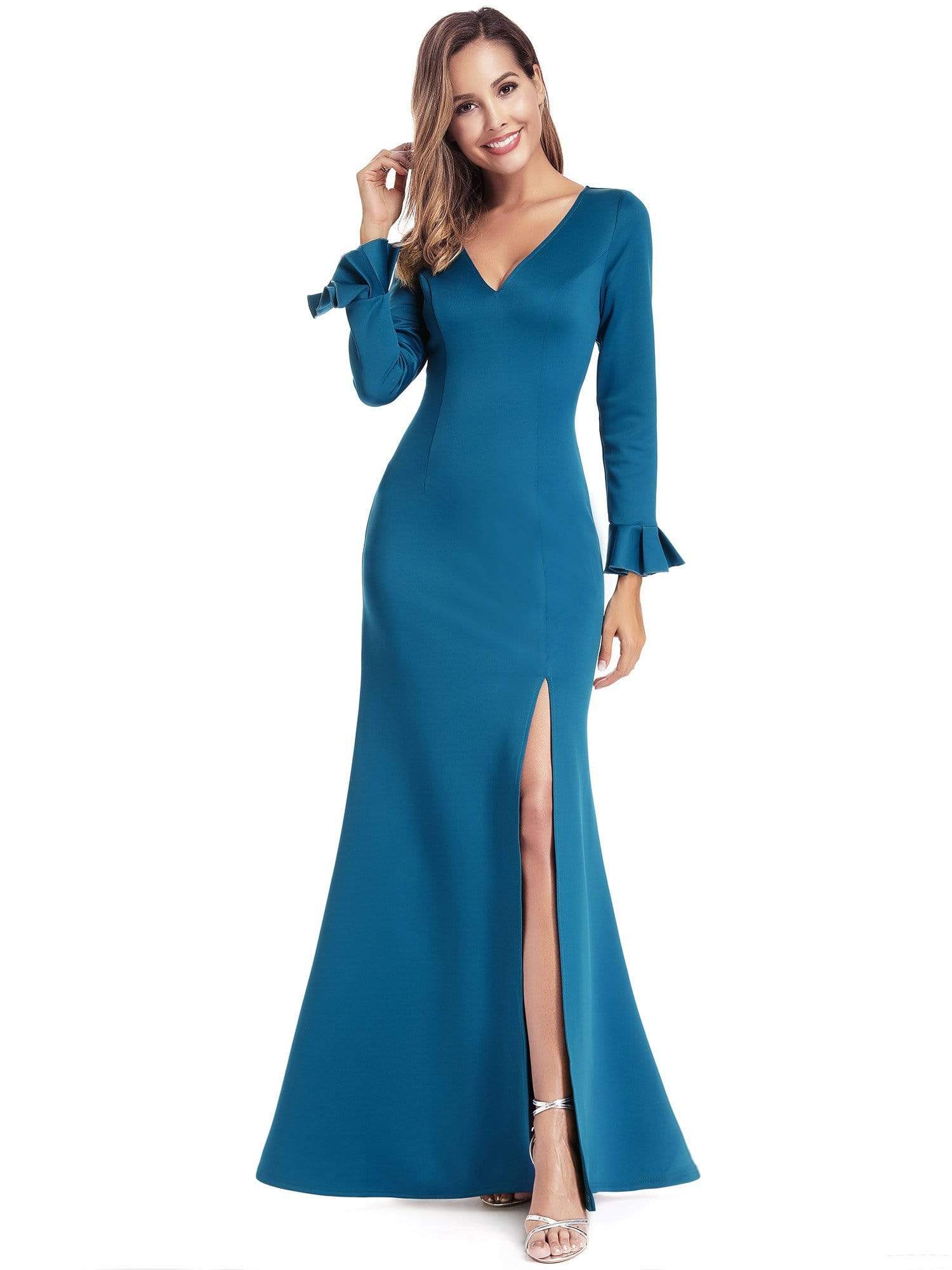 Color=Teal | Elegant V Neck High Slit Evening Dress-Teal 1