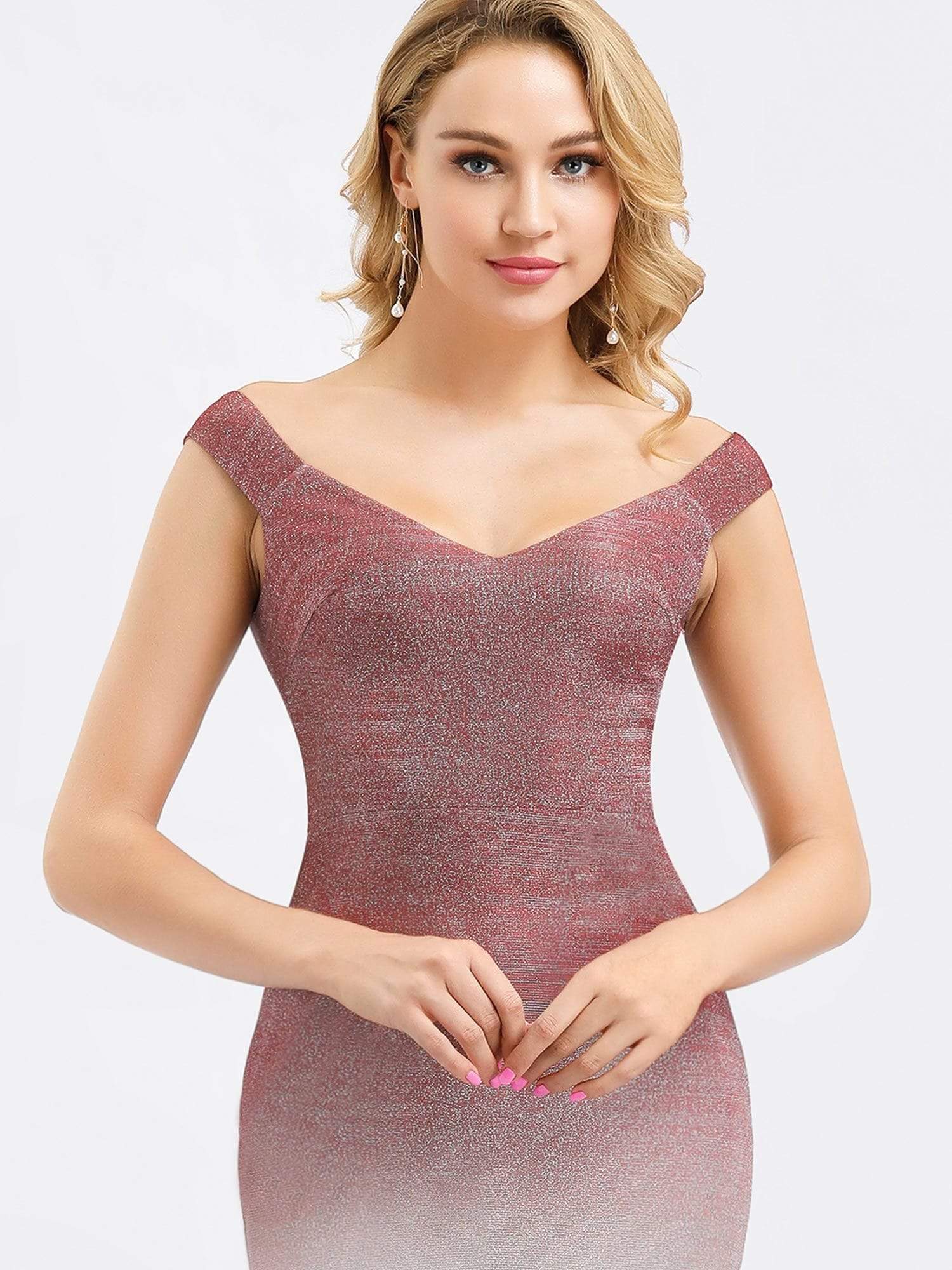 Color=Burgundy | Gradient Off Shoulder Fishtail Evening Dress-Burgundy 6