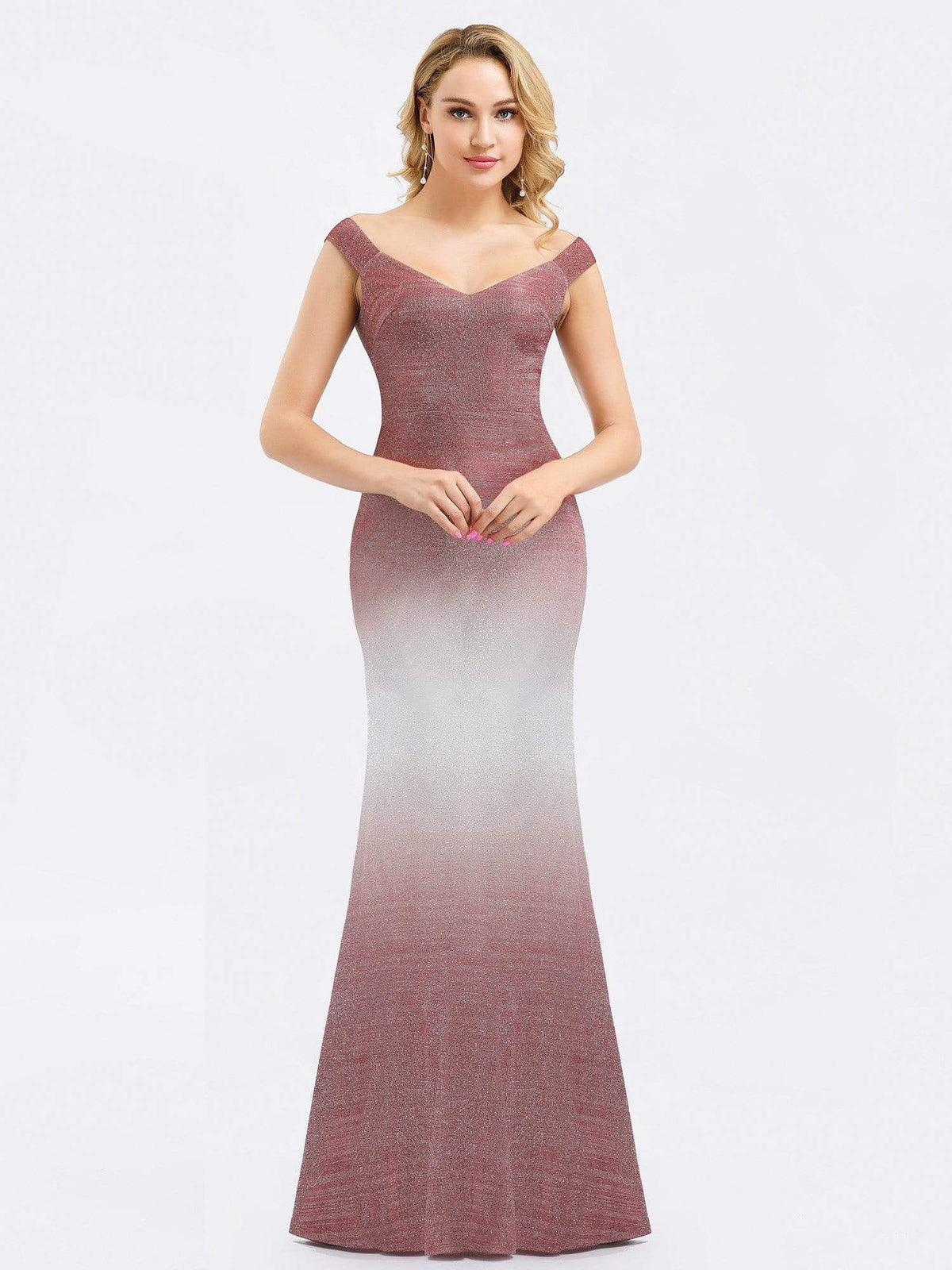 Color=Burgundy | Gradient Off Shoulder Fishtail Evening Dress-Burgundy 1
