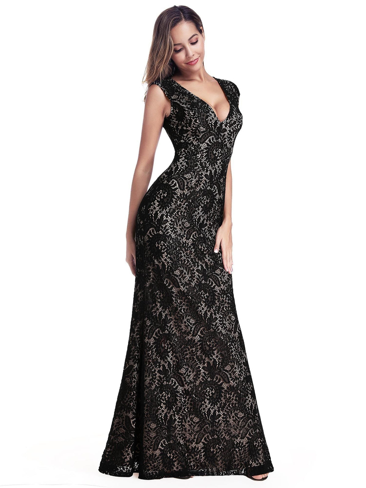 Color=Black | Women'S V-Neck Cap Sleeve Floor Length Bridesmaid Dress-Black 1
