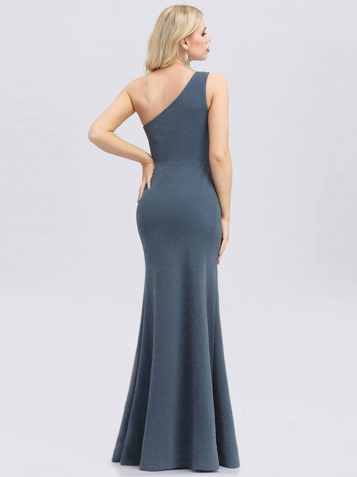 Color=Dusty Navy | Classic One Shoulder Evening Dress With High Split-Dusty Navy 2