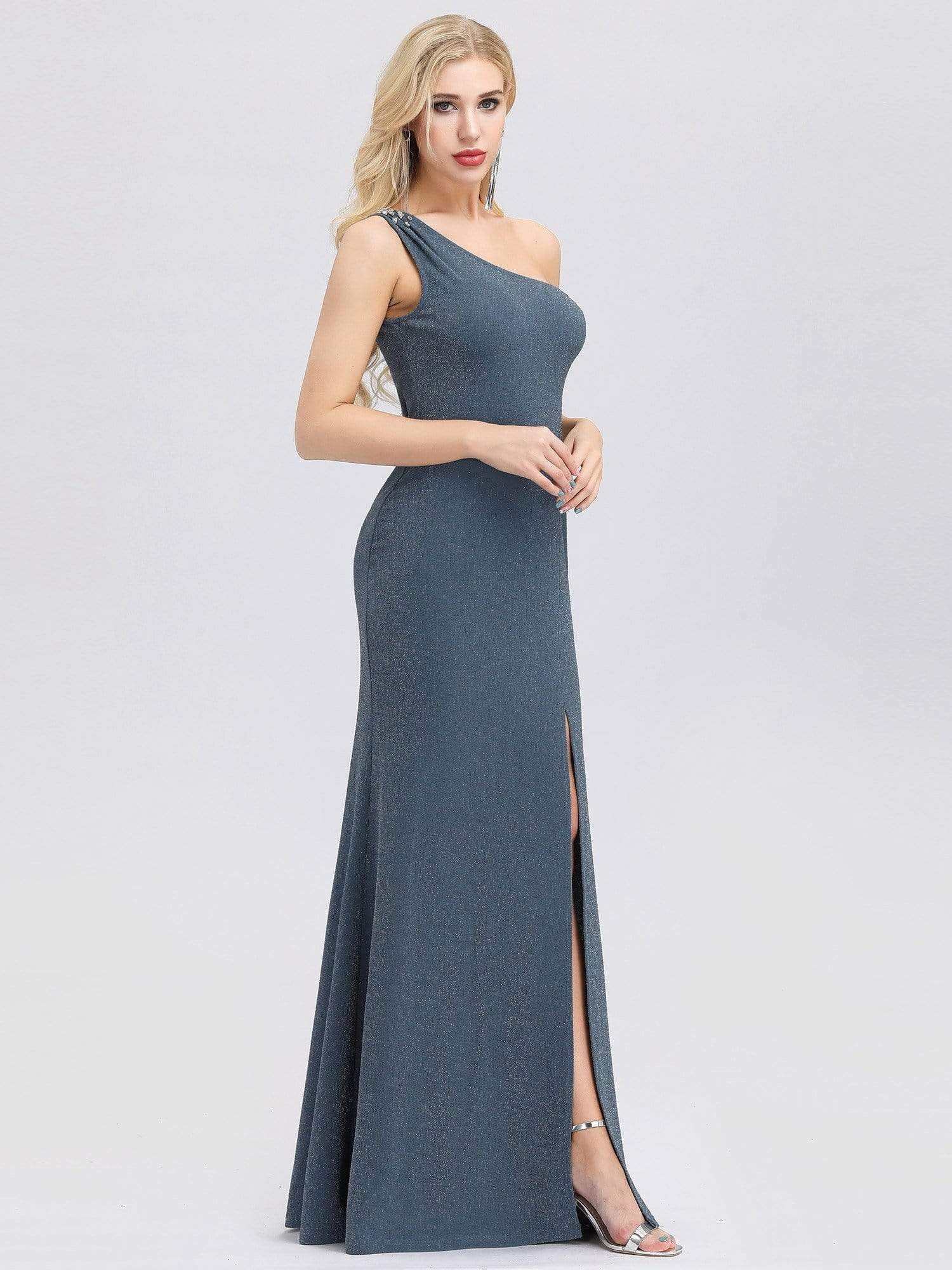 Color=Dusty Navy | Classic One Shoulder Evening Dress With High Split-Dusty Navy 3
