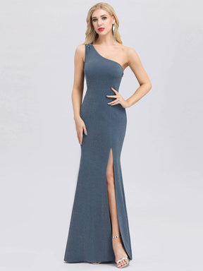 Color=Dusty Navy | Classic One Shoulder Evening Dress With High Split-Dusty Navy 1