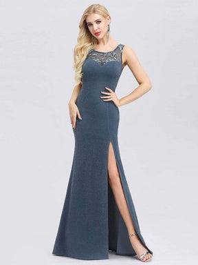 Color=Dusty Navy | Round Neckline Bridesmaid Dress With High Split-Dusty Navy 1