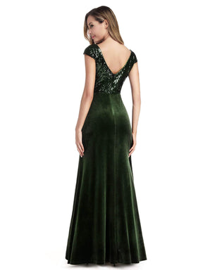 Color=Dark Green | Simple V Neck Sequin Party Dress-Dark Green 2