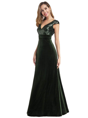Color=Dark Green | Simple V Neck Sequin Party Dress-Dark Green 3