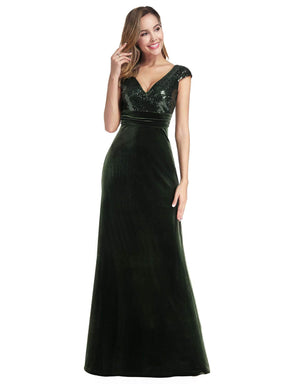 Color=Dark Green | Simple V Neck Sequin Party Dress-Dark Green 4