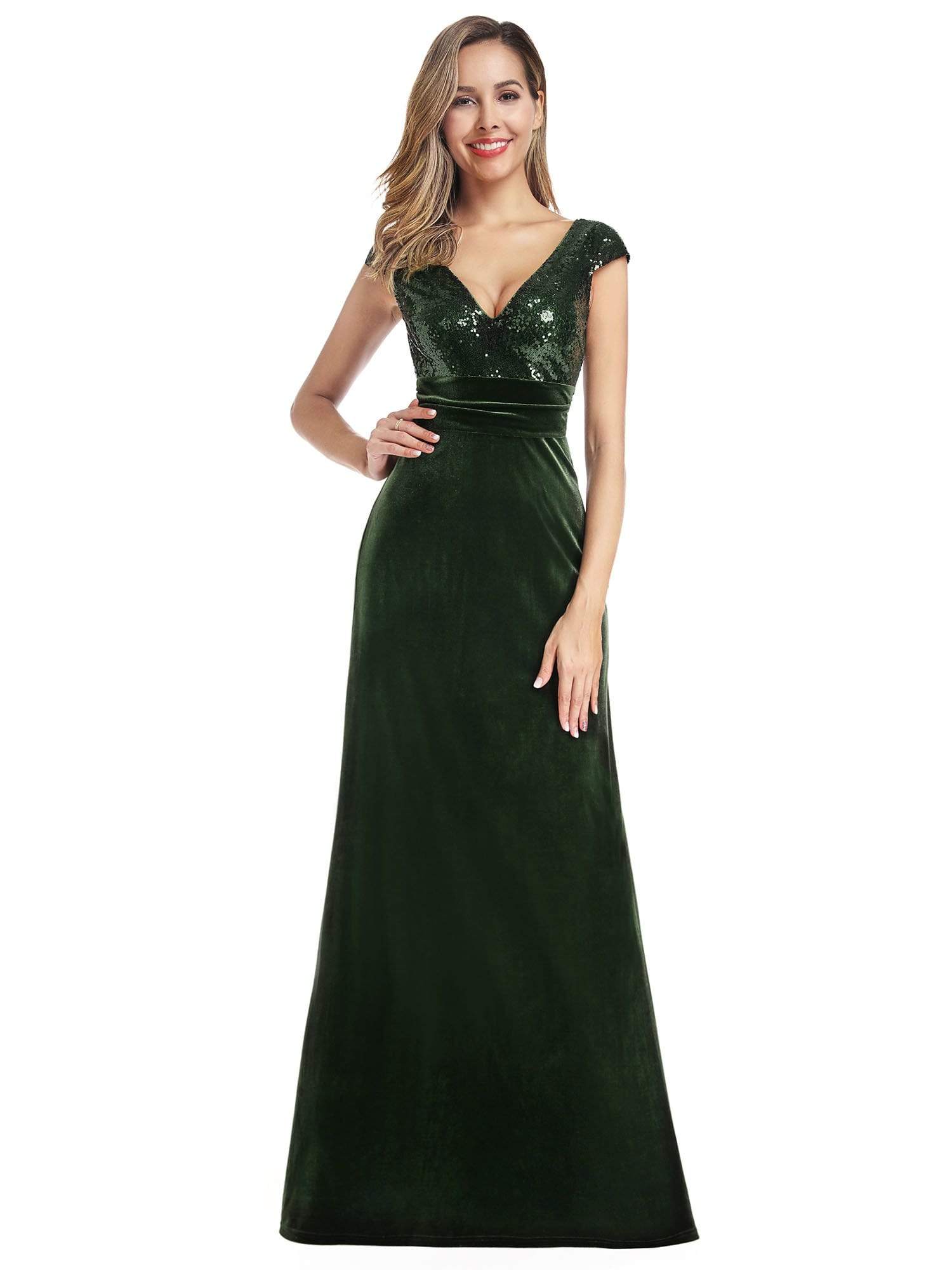 Color=Dark Green | Simple V Neck Sequin Party Dress-Dark Green 1