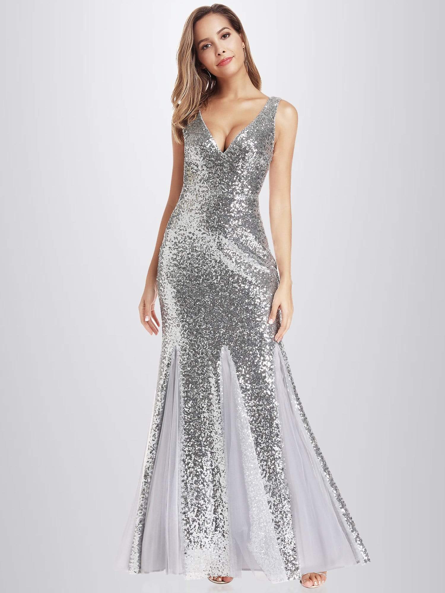Color=Silver | Shiny V Neck Sequin Fishtail Party Dress-Silver 1