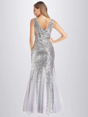Color=Silver | Shiny V Neck Sequin Fishtail Party Dress-Silver 2
