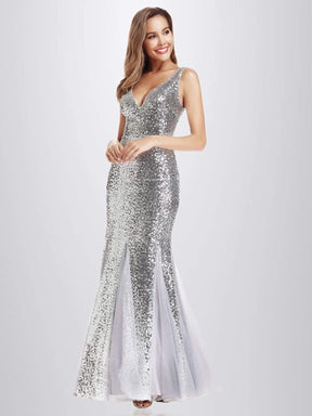 Color=Silver | Shiny V Neck Sequin Fishtail Party Dress-Silver 3