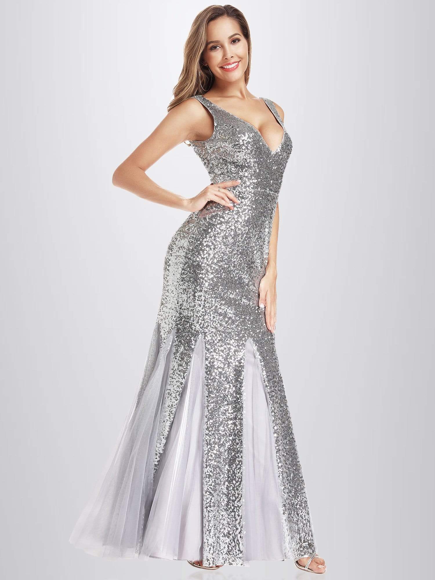 Color=Silver | Shiny V Neck Sequin Fishtail Party Dress-Silver 4