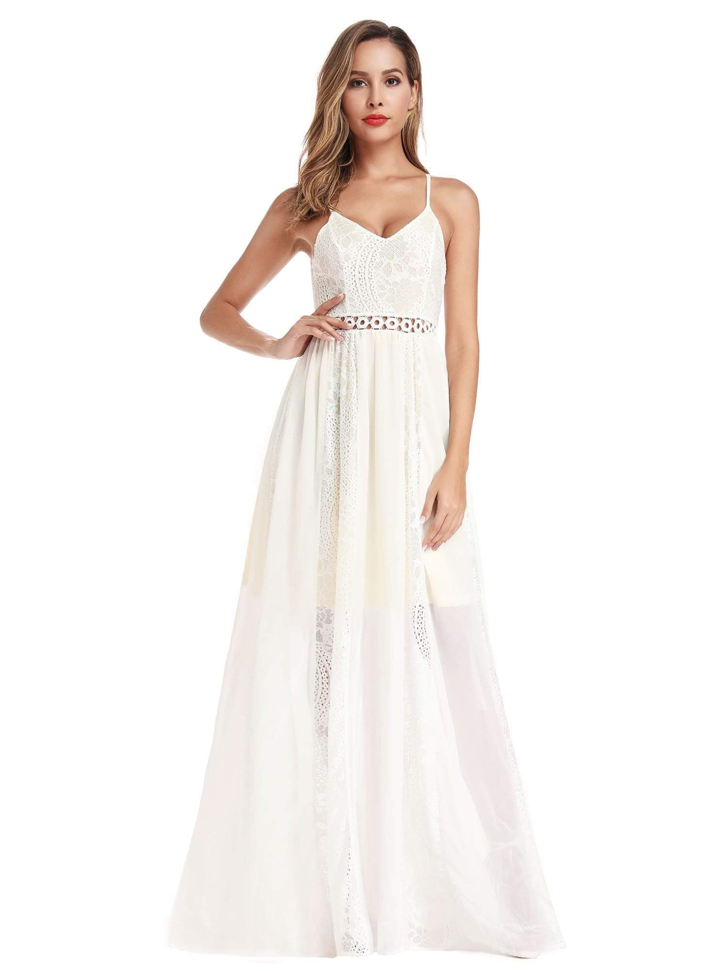 Color=Cream | V-Neck Spaghetti Straps Lace Maxi Dress-Cream 7