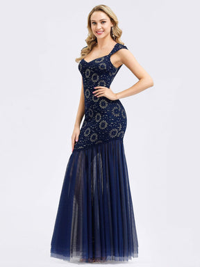 Color=Navy Blue | Women'S V-Neck Cap Sleeve Bodycon Mermaid Dresses-Navy Blue 2