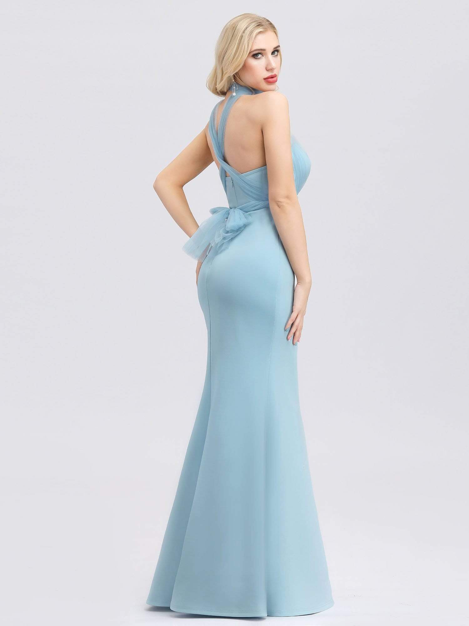 Color=Sky Blue | Women'S Sweetheart Neckline Self-Tie Bodycon Mermaid Dress-Sky Blue 3