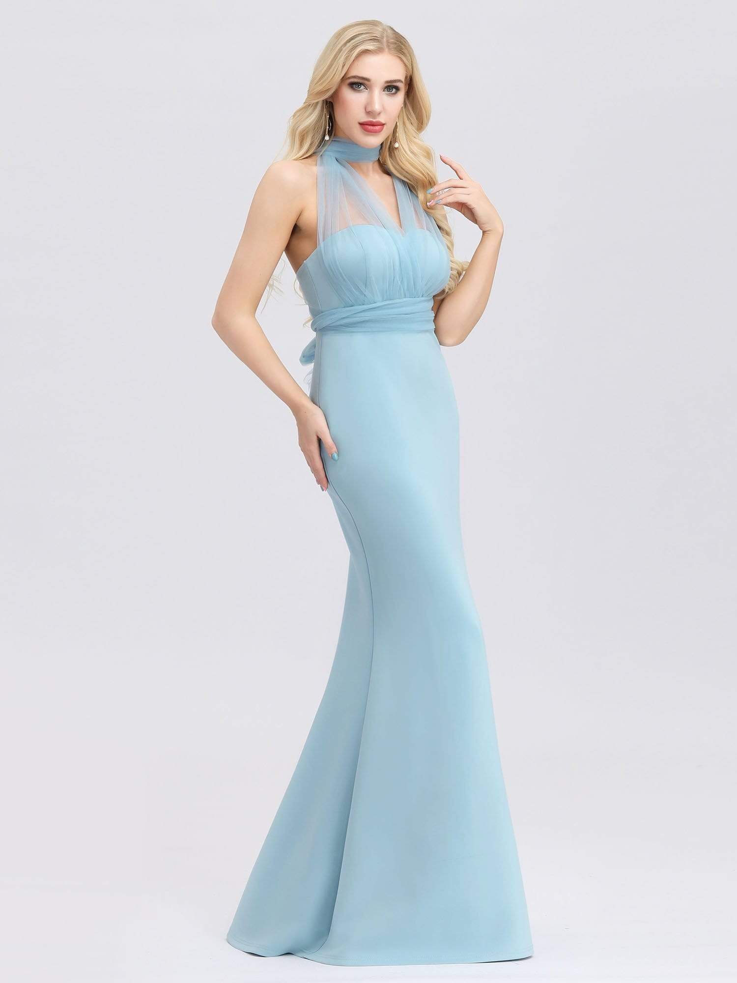 Color=Sky Blue | Women'S Sweetheart Neckline Self-Tie Bodycon Mermaid Dress-Sky Blue 4